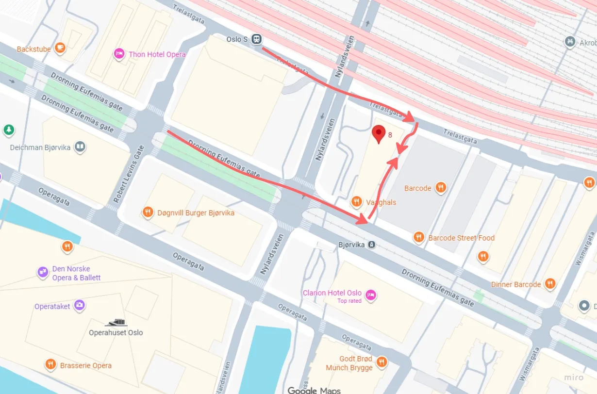 Walking map from Oslo Central Station to DEG8, Dronning Eufemias gate 8, in Bjørvika. The route crosses Nylandsveien and turns north along Trelastgata.